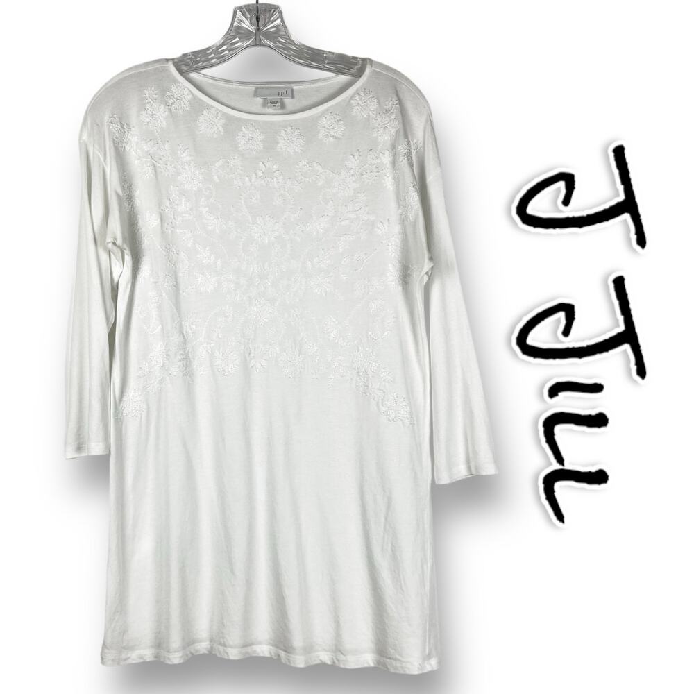 J Jill Embroidered Tunic Blouse Floral White 3/4 Sleeves Womens Size XS
